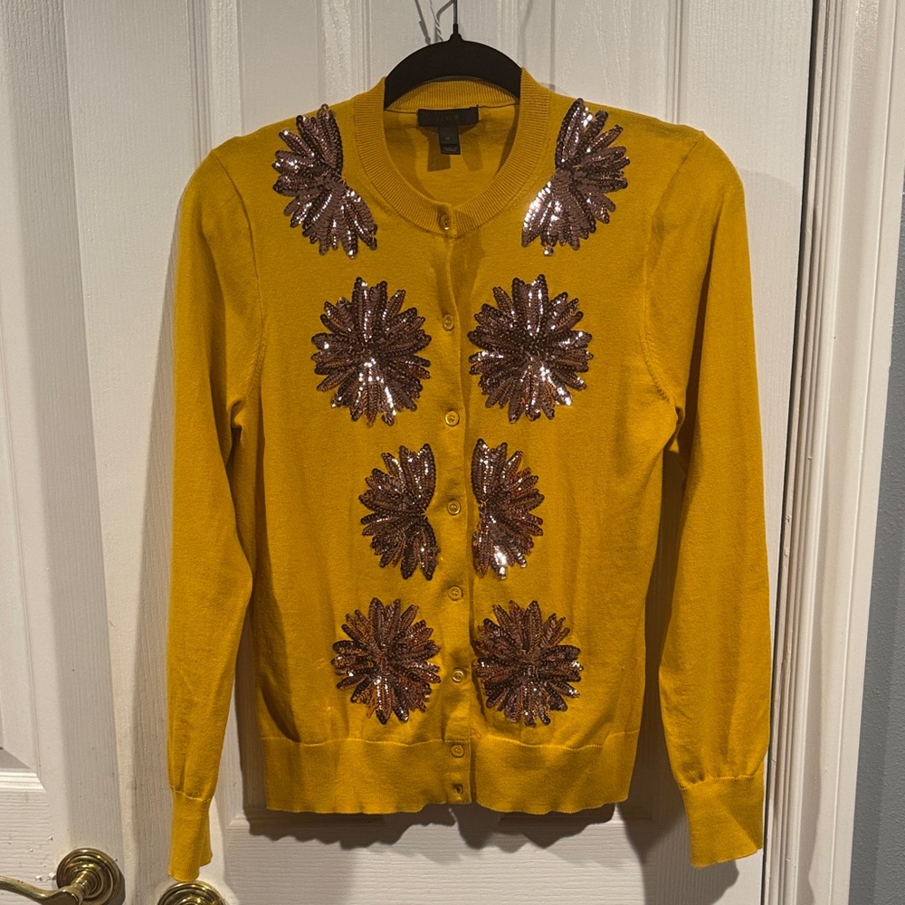 J. Crew Yellow Sequin Floral Cardigan